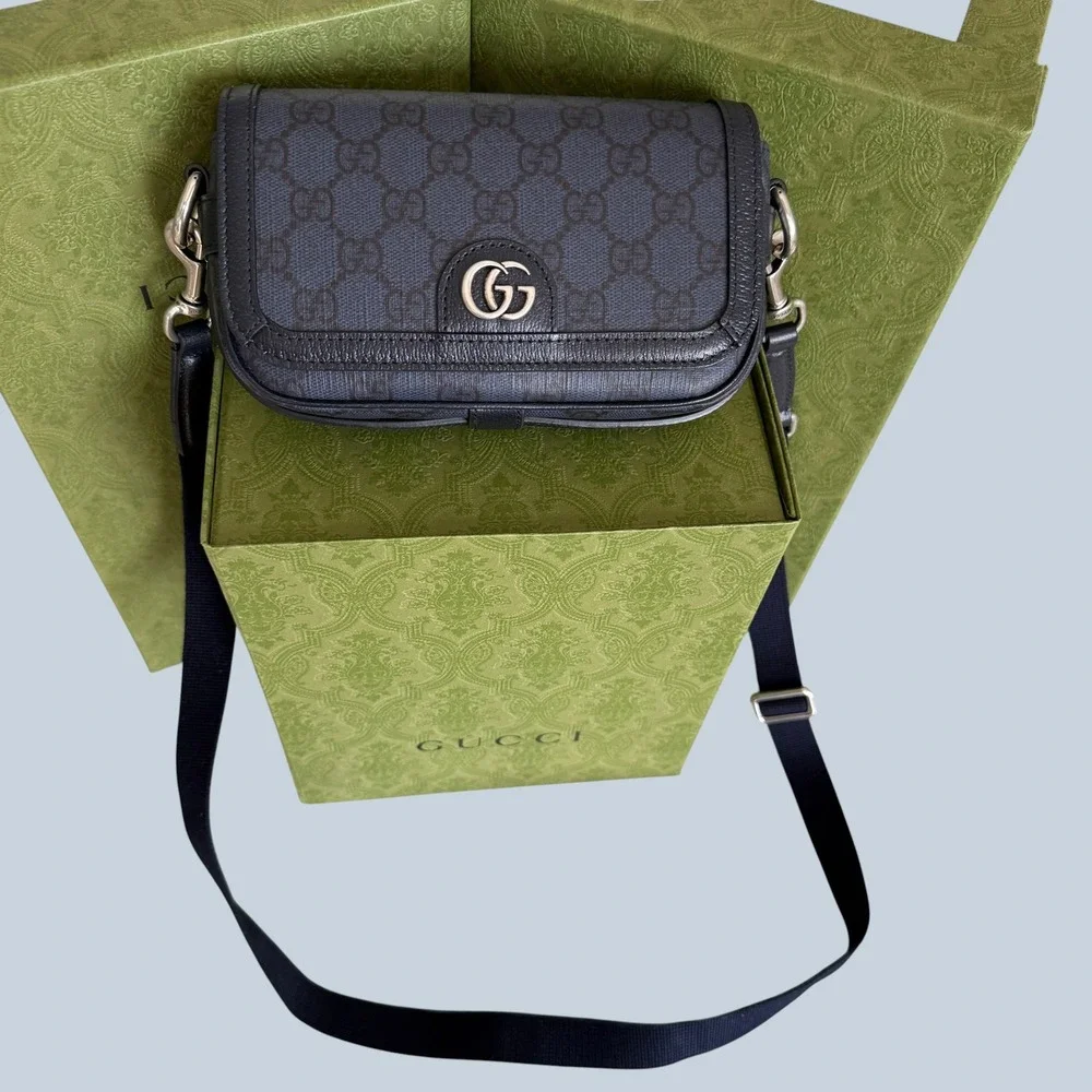 Gucci Ophidia Super Mini Shoulder Bag Navy Blue GG Supreme canvas, NEW 795466